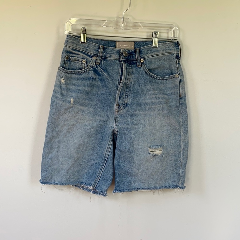 Everlane Cheeky Long Denim Short Light Wash Button Fly
